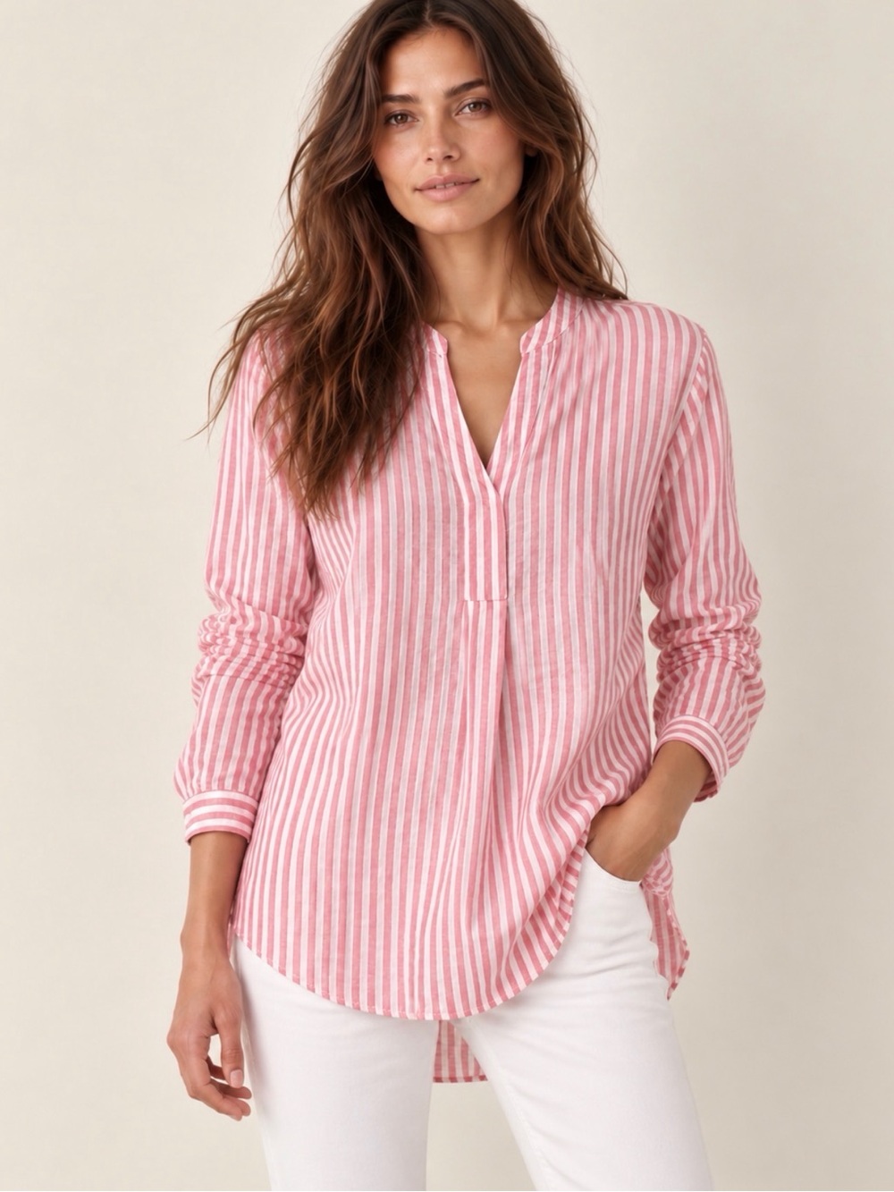 L.L.Bean 100% Linen Pink White Stripe Tunic Petite Large